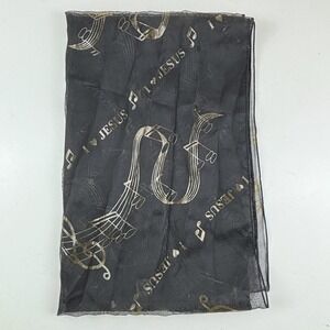 "I Love Jesus" Music Scarf Womens‎ OS Black Gold Sheer Mesh 20x60 Inches